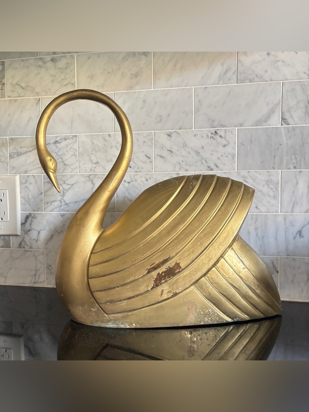 Vintage Hollywood Regency Dolbi Cashier Style Large 14” Brass Swan - As Found